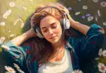 Woman listens to music and is happy