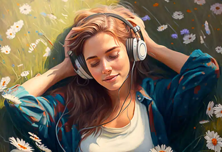 hübsche Frau hört Musik und ist glücklich