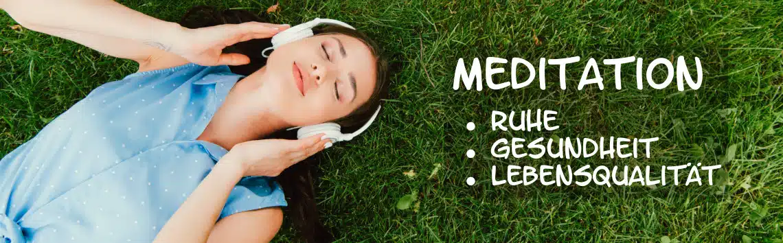 Woman with headphones lies relaxed on a meadow and listens to GEMA free meditation music from TerraSound